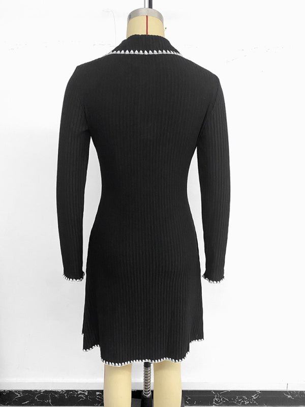 Contrast-edged knitted slim-waist A-line long-sleeved dress – side view