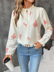 Single-breasted cardigan stand-up collar ethnic print shirt