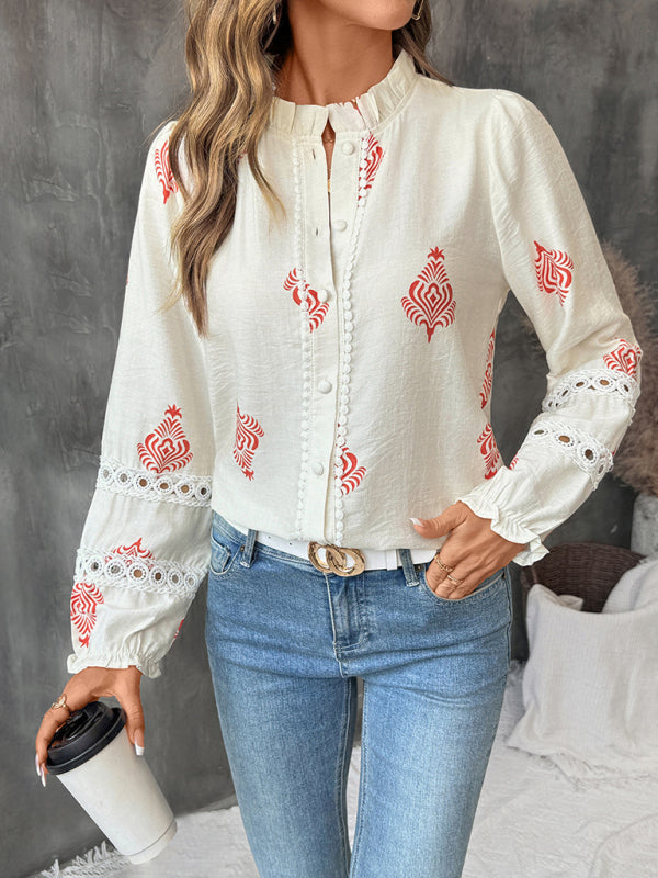 Single-breasted cardigan stand-up collar ethnic print shirt
