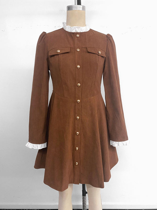 Retro elegant ruffled corduroy long-sleeved dress – back view