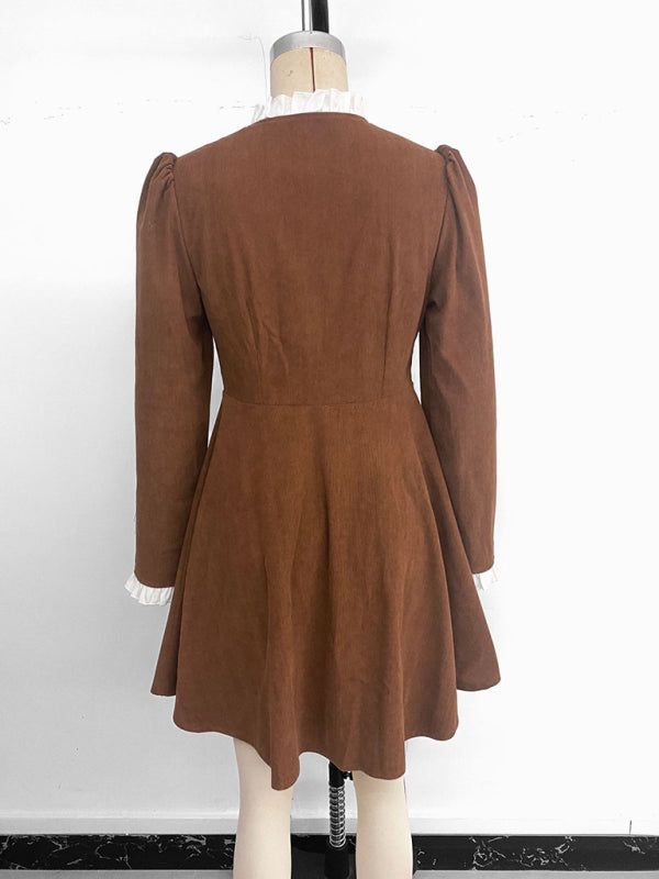 Retro elegant ruffled corduroy long-sleeved dress – side view