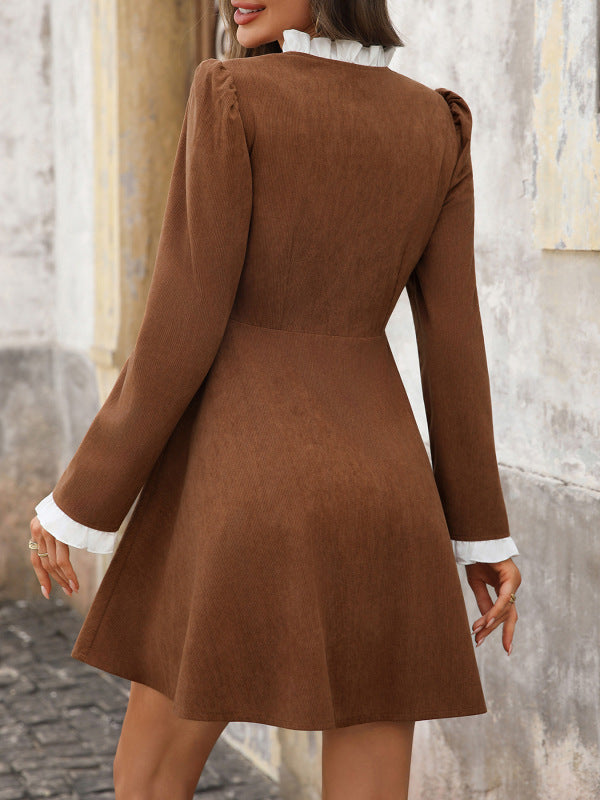Retro elegant ruffled corduroy long-sleeved dress – detail view