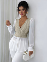 Elegant patchwork long-sleeved vest shirt