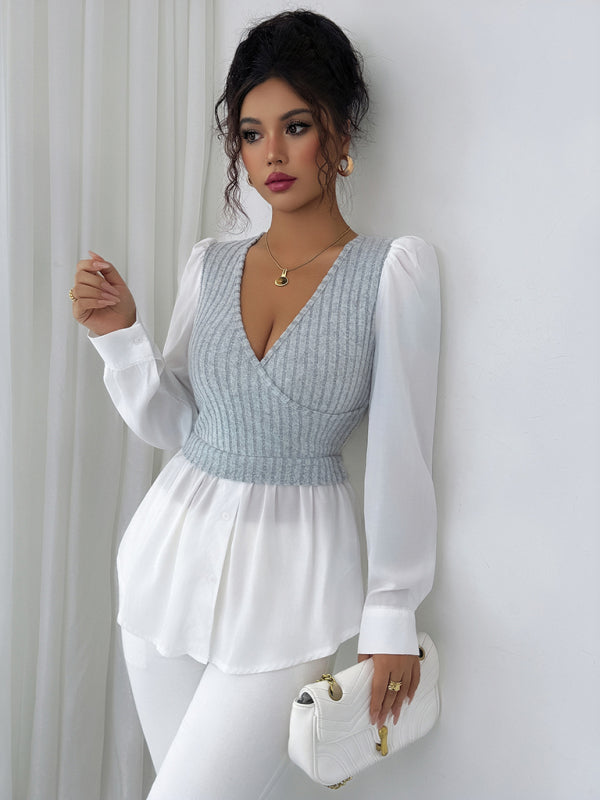 Elegant patchwork long-sleeved vest shirt