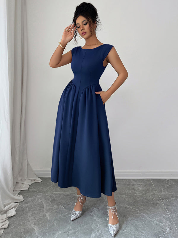 Elegantes, einfarbiges, tailliertes, ärmelloses Maxikleid 
