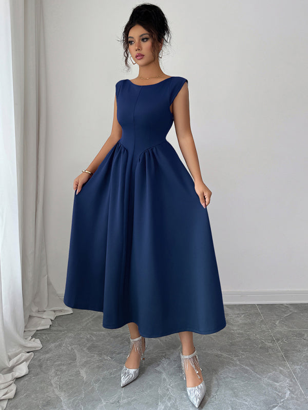 Elegantes, einfarbiges, tailliertes, ärmelloses Maxikleid 