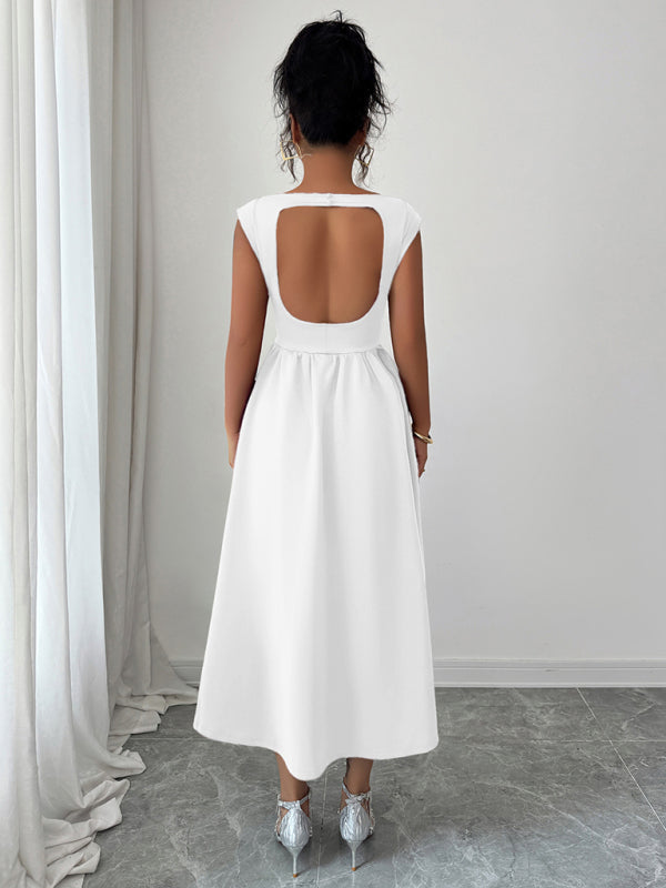 Elegant solid color waisted sleeveless maxi dress – lifestyle view