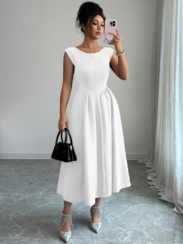 Elegant solid color waisted sleeveless maxi dress – closeup view