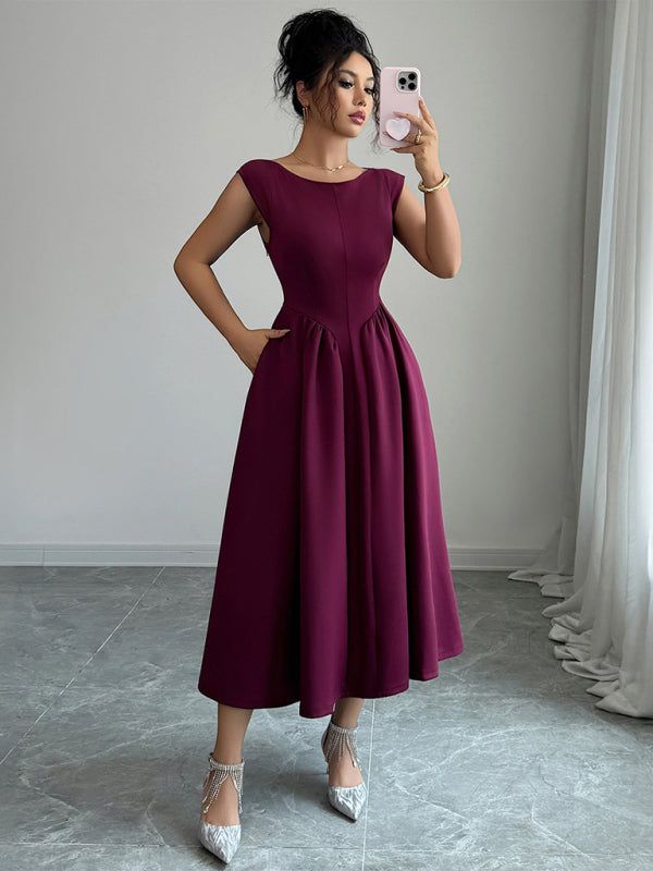 Elegant solid color waisted sleeveless maxi dress – detail view