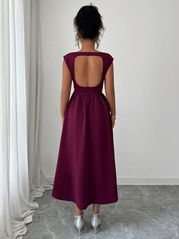Elegant solid color waisted sleeveless maxi dress – side view