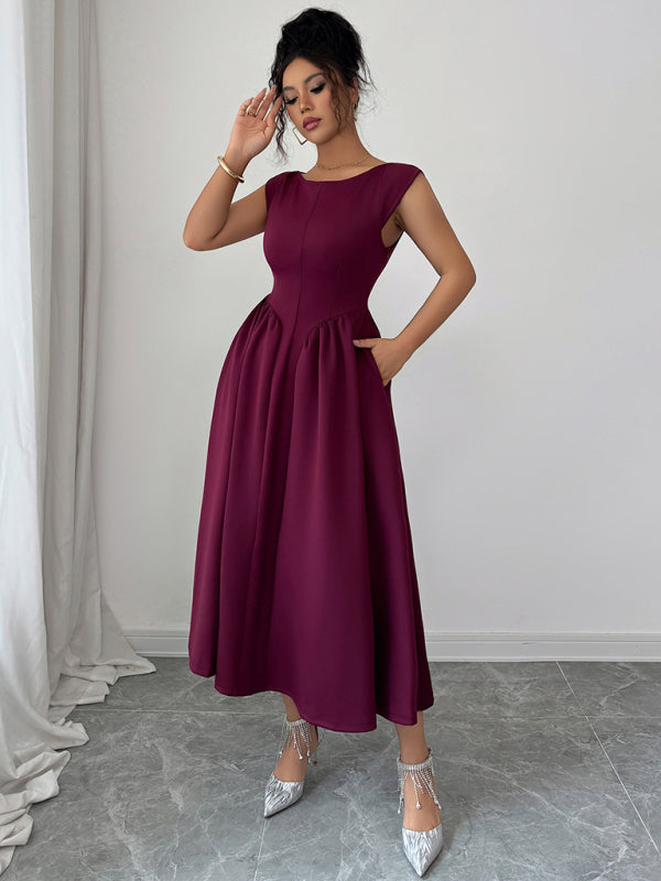 Elegant solid color waisted sleeveless maxi dress – front view