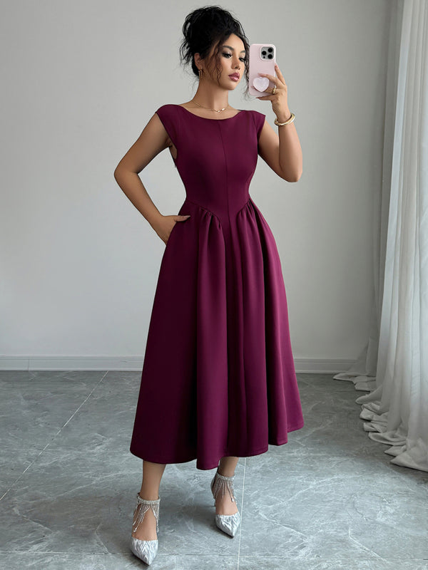 Elegant solid color waisted sleeveless maxi dress – back view