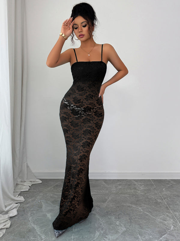 Women's Maxi Dress Lace Bodycon Spaghetti Strap – Yellow