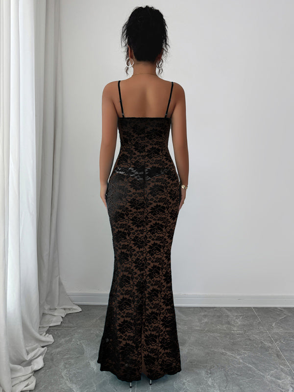 Women's Maxi Dress Lace Bodycon Spaghetti Strap – Yellow
