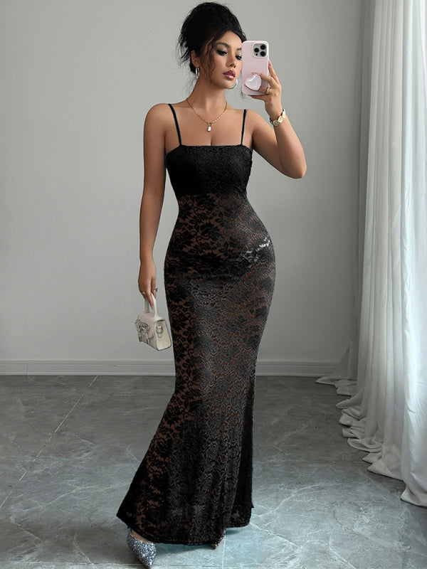 Women's Maxi Dress Lace Bodycon Spaghetti Strap – Yellow