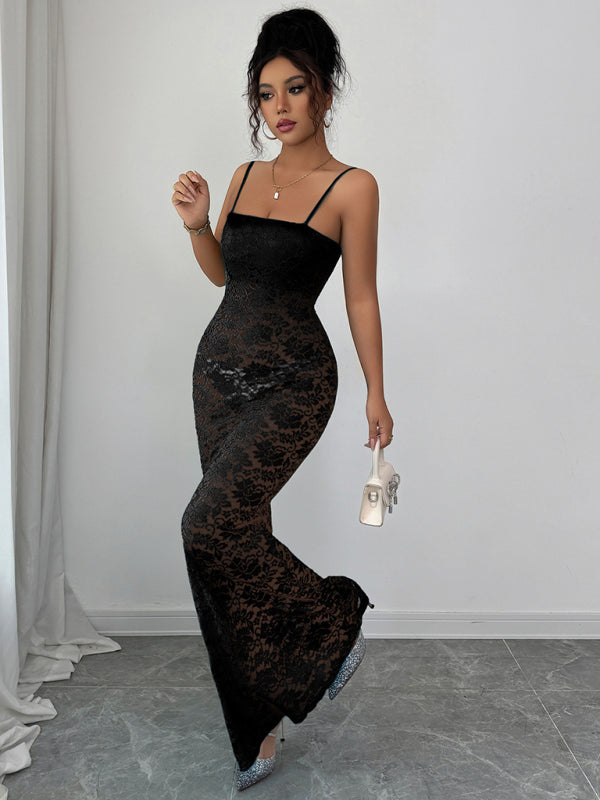 Women's Maxi Dress Lace Bodycon Spaghetti Strap – Yellow