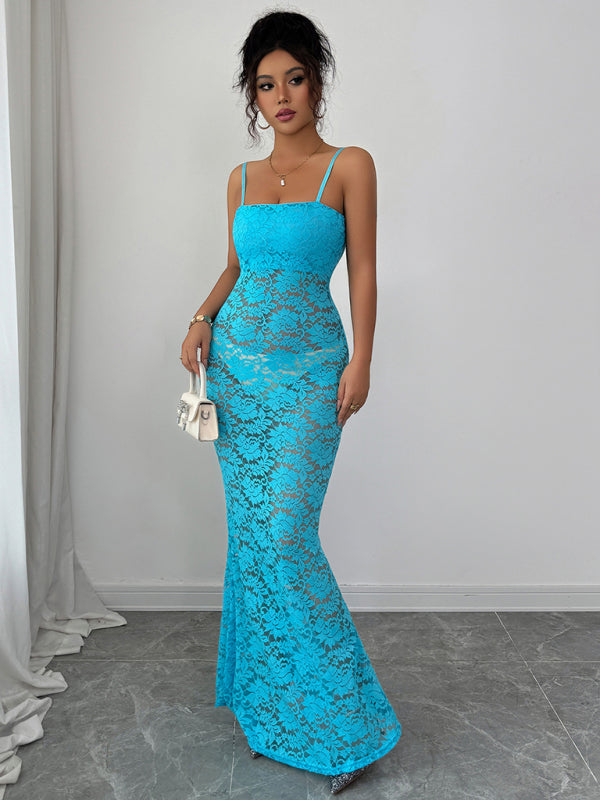 Women's Maxi Dress Lace Bodycon Spaghetti Strap – Yellow – outfit view