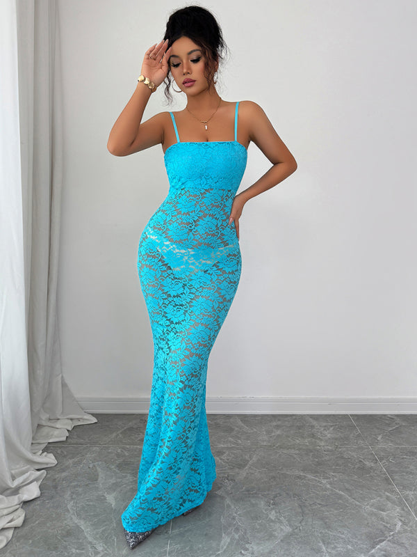 Women's Maxi Dress Lace Bodycon Spaghetti Strap – Yellow – lifestyle view
