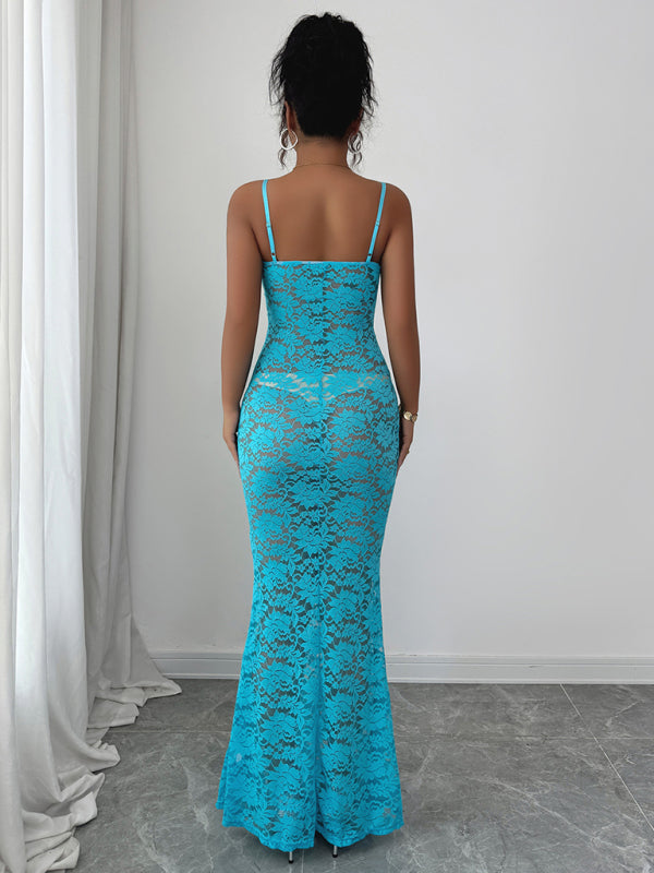 Women's Maxi Dress Lace Bodycon Spaghetti Strap – Yellow – close-up
