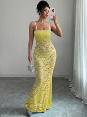 Women's Maxi Dress Lace Bodycon Spaghetti Strap – Yellow – front view