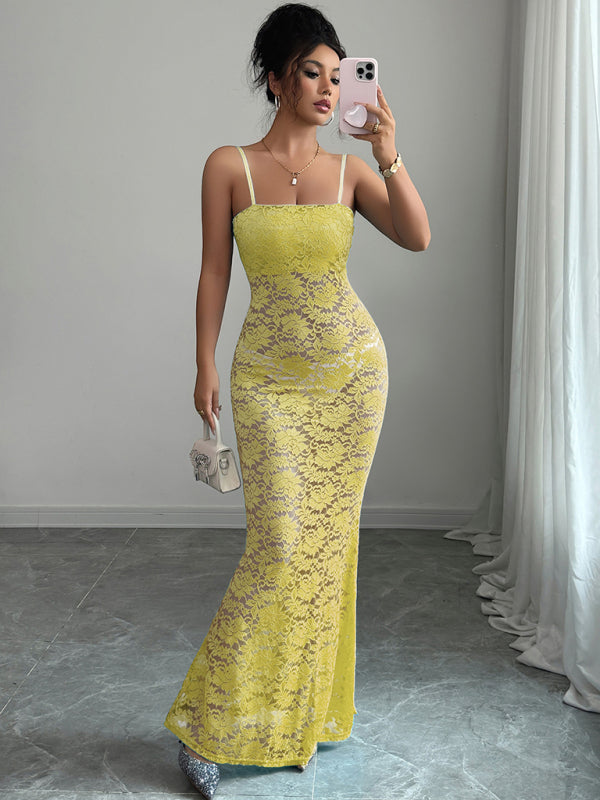 Women's Maxi Dress Lace Bodycon Spaghetti Strap – Yellow – front view