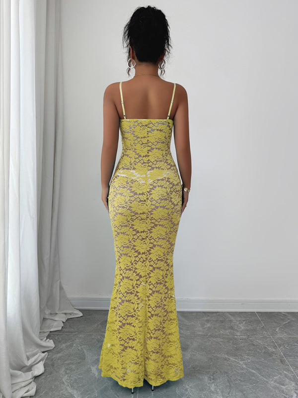 Women's Maxi Dress Lace Bodycon Spaghetti Strap – Yellow – back view