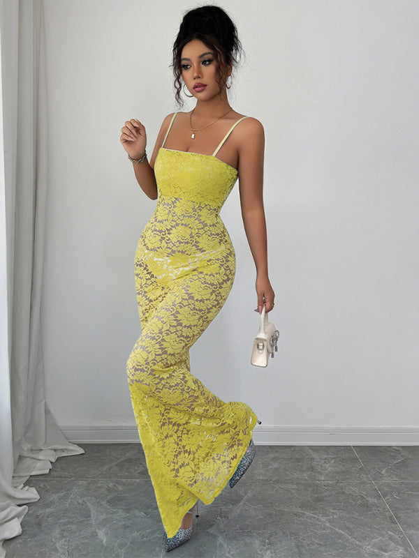 Women's Maxi Dress Lace Bodycon Spaghetti Strap – Yellow – detail view