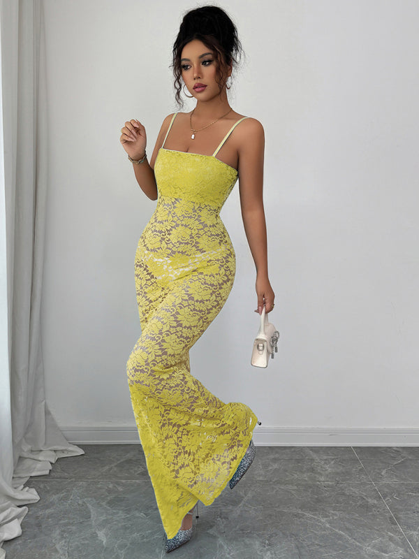 Women's Maxi Dress Lace Bodycon Spaghetti Strap – Yellow – side view