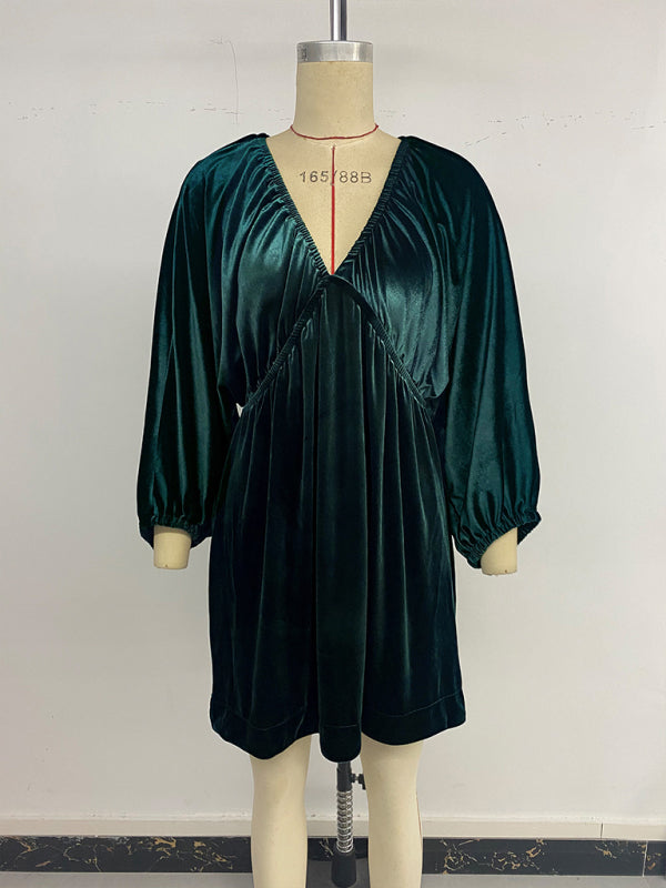 Robe élégante rétro en velours à manches lanternes plissées et décolleté en V profond 