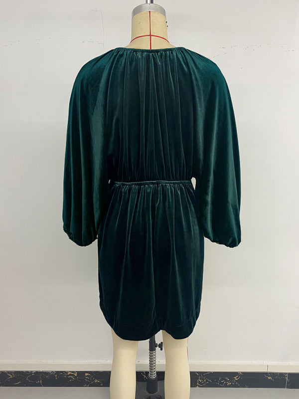 Robe élégante rétro en velours à manches lanternes plissées et décolleté en V profond 