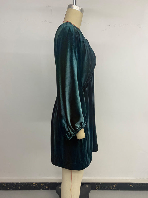 Robe élégante rétro en velours à manches lanternes plissées et décolleté en V profond 