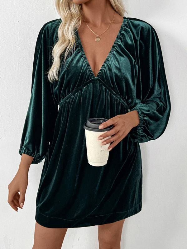 Robe élégante rétro en velours à manches lanternes plissées et décolleté en V profond 