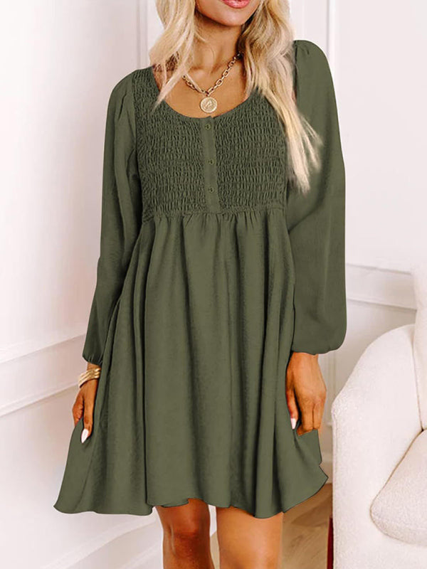 Lässiges, gerafftes Minikleid mit Rundhalsausschnitt, Knopfleiste, langen Ärmeln, hoher Taille und A-Linien-Schnitt 