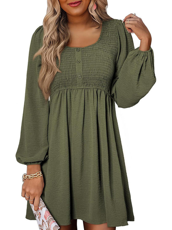 Casual Gathered Crew Neck Button-Down Long Sleeve High-Waisted A-Line Mini Dress