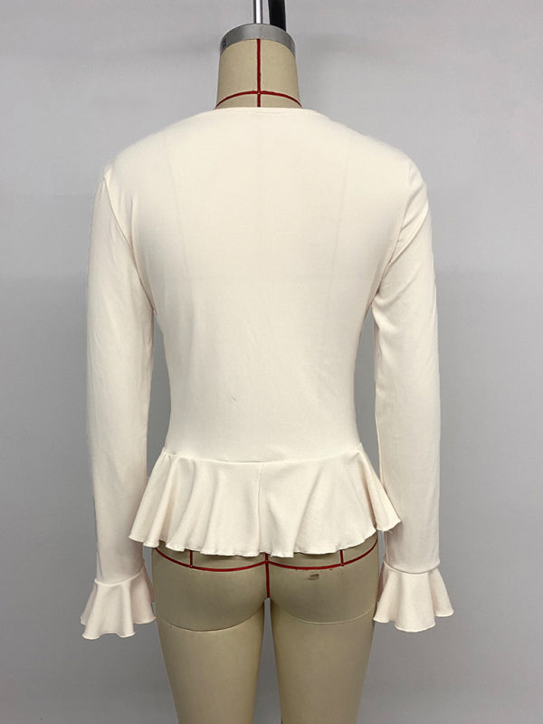 New solid color sweet and gentle V-neck ruffled top T-shirt – side view