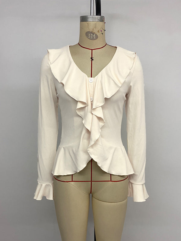 New solid color sweet and gentle V-neck ruffled top T-shirt – back view