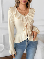 New solid color sweet and gentle V-neck ruffled top T-shirt – front view