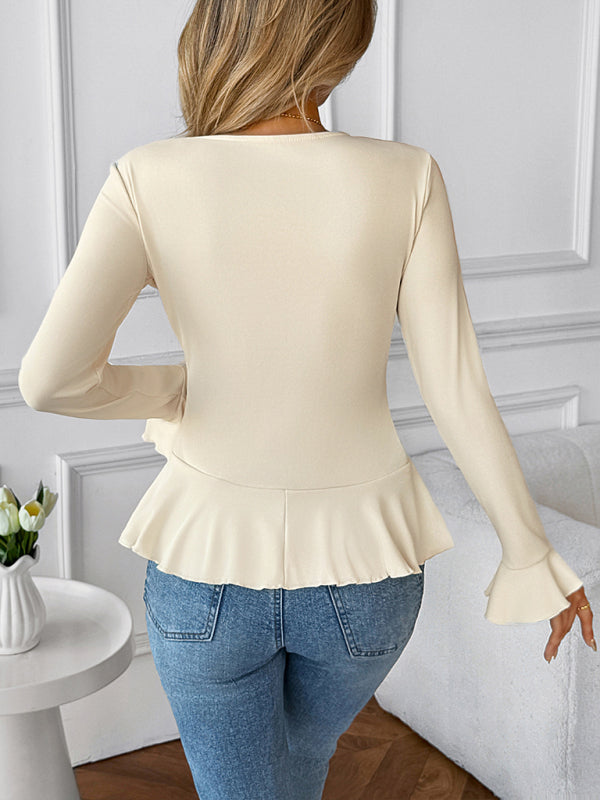 New solid color sweet and gentle V-neck ruffled top T-shirt – detail view
