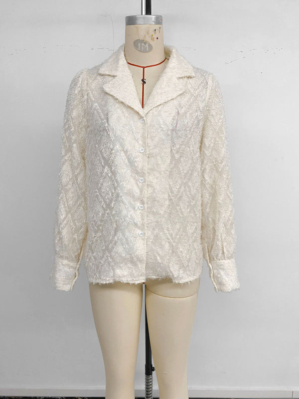 Diamond check suit collar cardigan long-sleeved shirt – back view