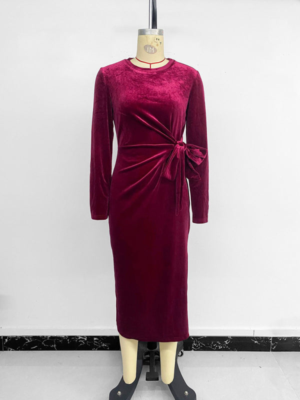 Robe mi-longue fendue à manches longues pour femme 