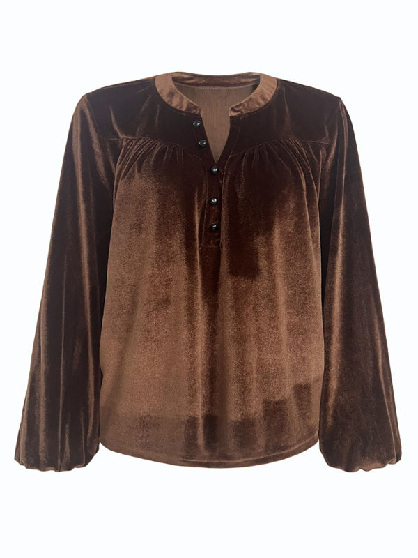 Solid color pullover V-neck casual button long-sleeved top