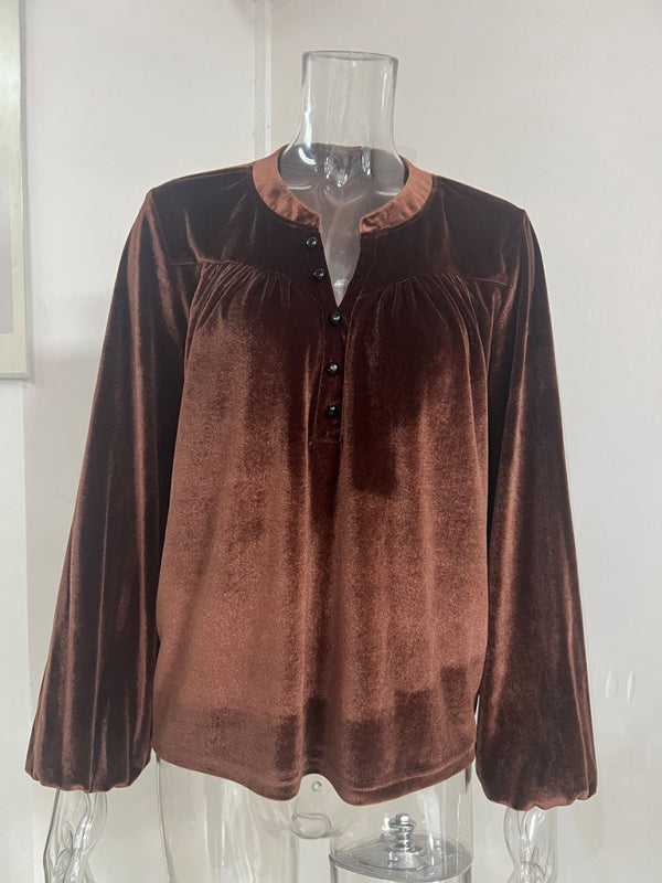 Solid color pullover V-neck casual button long-sleeved top