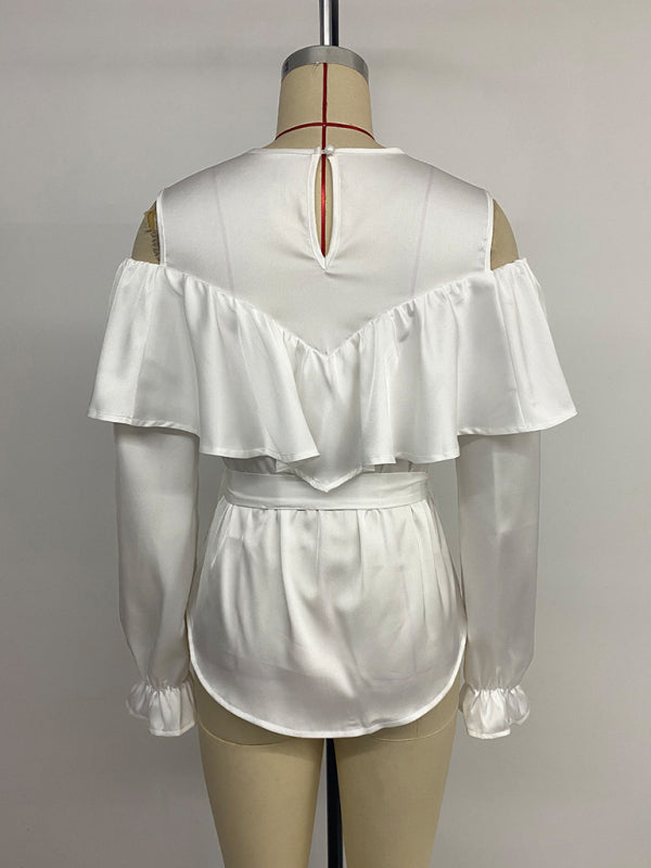 Nouvelle chemise élégante à manches longues, à volants, épaules dénudées et col rond, avec lien à nouer 