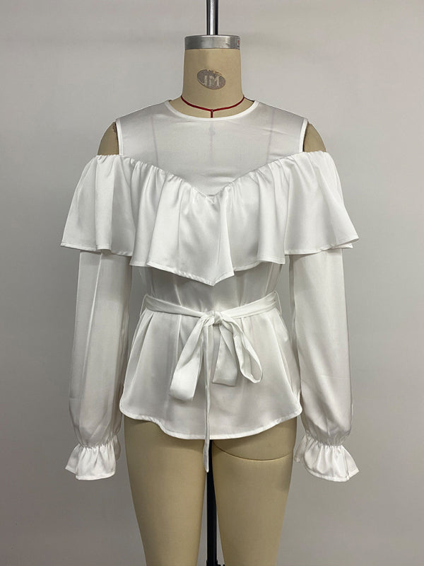 Nouvelle chemise élégante à manches longues, à volants, épaules dénudées et col rond, avec lien à nouer 