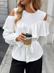 Nouvelle chemise élégante à manches longues, à volants, épaules dénudées et col rond, avec lien à nouer 