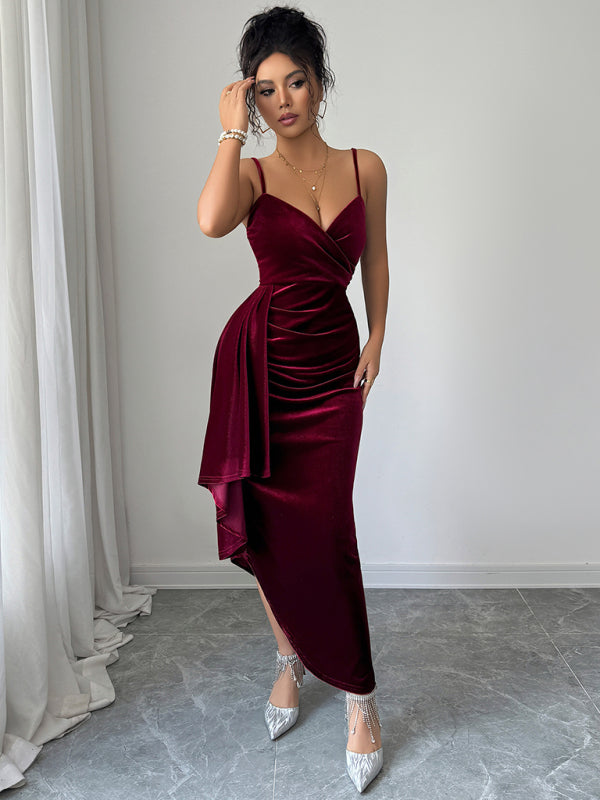 Women's Midi Dress Velvet Wrap Ruched Spaghetti Strap – Wine Red – front view