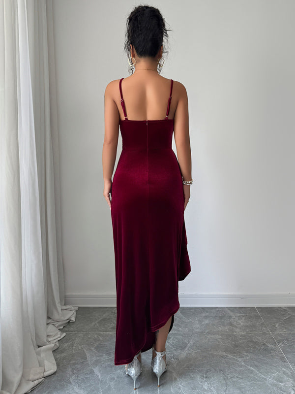 Women's Midi Dress Velvet Wrap Ruched Spaghetti Strap – Wine Red – back view