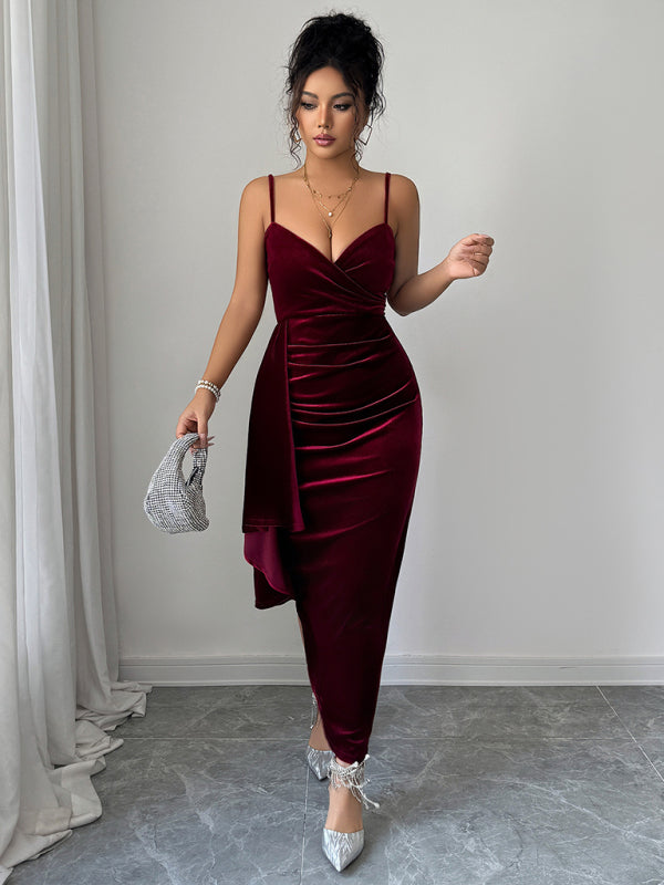 Women's Midi Dress Velvet Wrap Ruched Spaghetti Strap – Wine Red – detail view