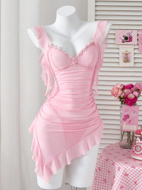 Pink backless babydoll nightgown with ruched bodice – detail view