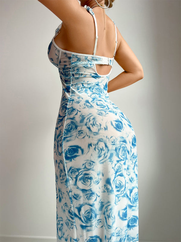 New women's floral print halter dress with slit, sexy lingerie